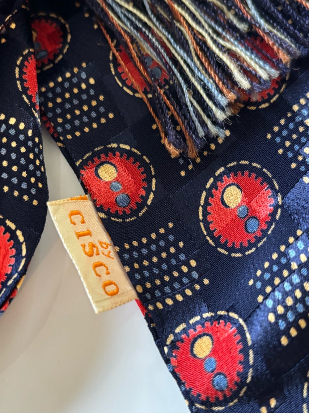 VINTAGE mid century MENS fringe rayon scarf navy/ red PRINT